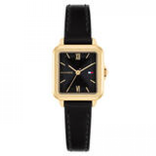 Tommy Hilfiger dames horloge Mia goudkleurig met zwarte lederen band en wijzerplaat, vierkante kast - 2011271