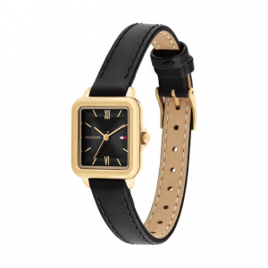 Tommy Hilfiger dames horloge Mia goudkleurig met zwarte lederen band en wijzerplaat, vierkante kast - 2011271 Tommy Hilfiger dames horloge Mia goudkleurig met zwarte lederen band en wijzerplaat, vierkante kast - 2011271