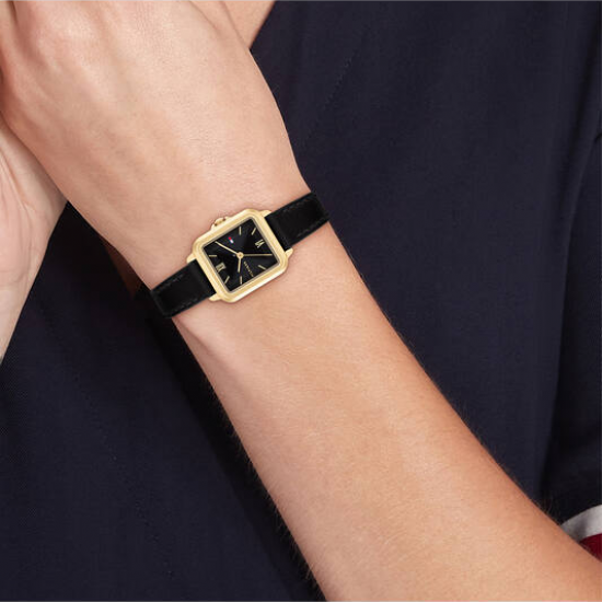 Tommy Hilfiger dames horloge Mia goudkleurig met zwarte lederen band en wijzerplaat, vierkante kast - 2011271