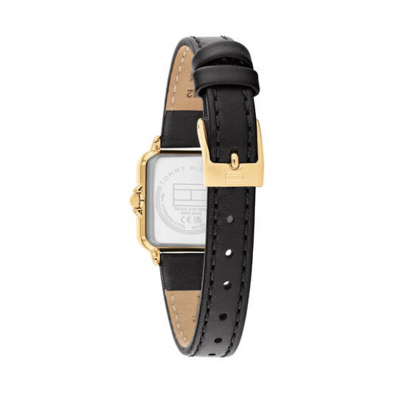 Tommy Hilfiger dames horloge Mia goudkleurig met zwarte lederen band en wijzerplaat, vierkante kast - 2011271