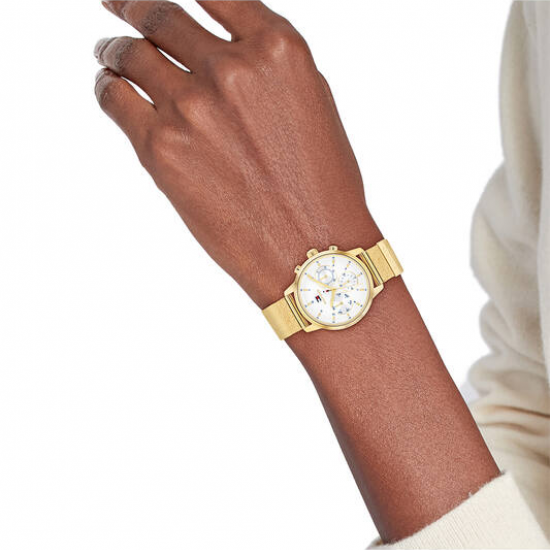 Tommy Hilfiger dames horloge Blake goudkleur met chrono plaat en meshband - 2011276
