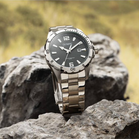 Olympic heren horloge stalen band en kast grijze bewerkte wijzerplaat - 2011700