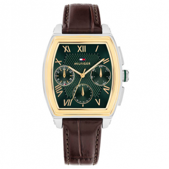 Tommy hilfiger heren horloge Oxford, groene plaat bicolor kast en bruine lederen band - 2011738