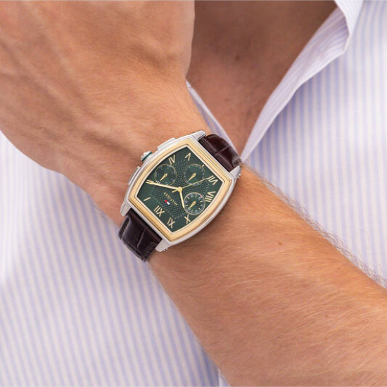 Tommy hilfiger heren horloge Oxford, groene plaat bicolor kast en bruine lederen band - 2011738