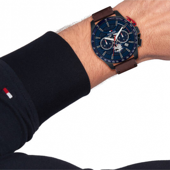 Tommy hilfiger heren horloge Bank blauw kast en bruine lederen band - 2011739