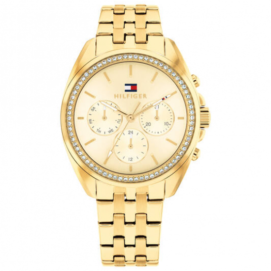 Tommy Hilfiger dames horloge goudkleur met chrono plaat en stenen in de lunette - 2011991