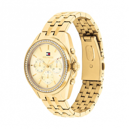 Tommy Hilfiger dames horloge goudkleur met chrono plaat en stenen in de lunette - 2011991