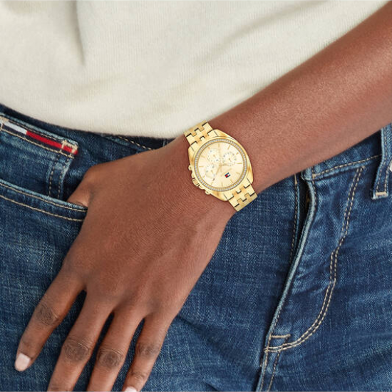 Tommy Hilfiger dames horloge goudkleur met chrono plaat en stenen in de lunette - 2011991